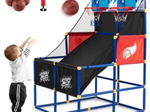 Dual Shot Kids Basketball Arcade Game - 2 Backboards+4 PVC Balls+Pump, 3+ Ages, Black+Blue+Red