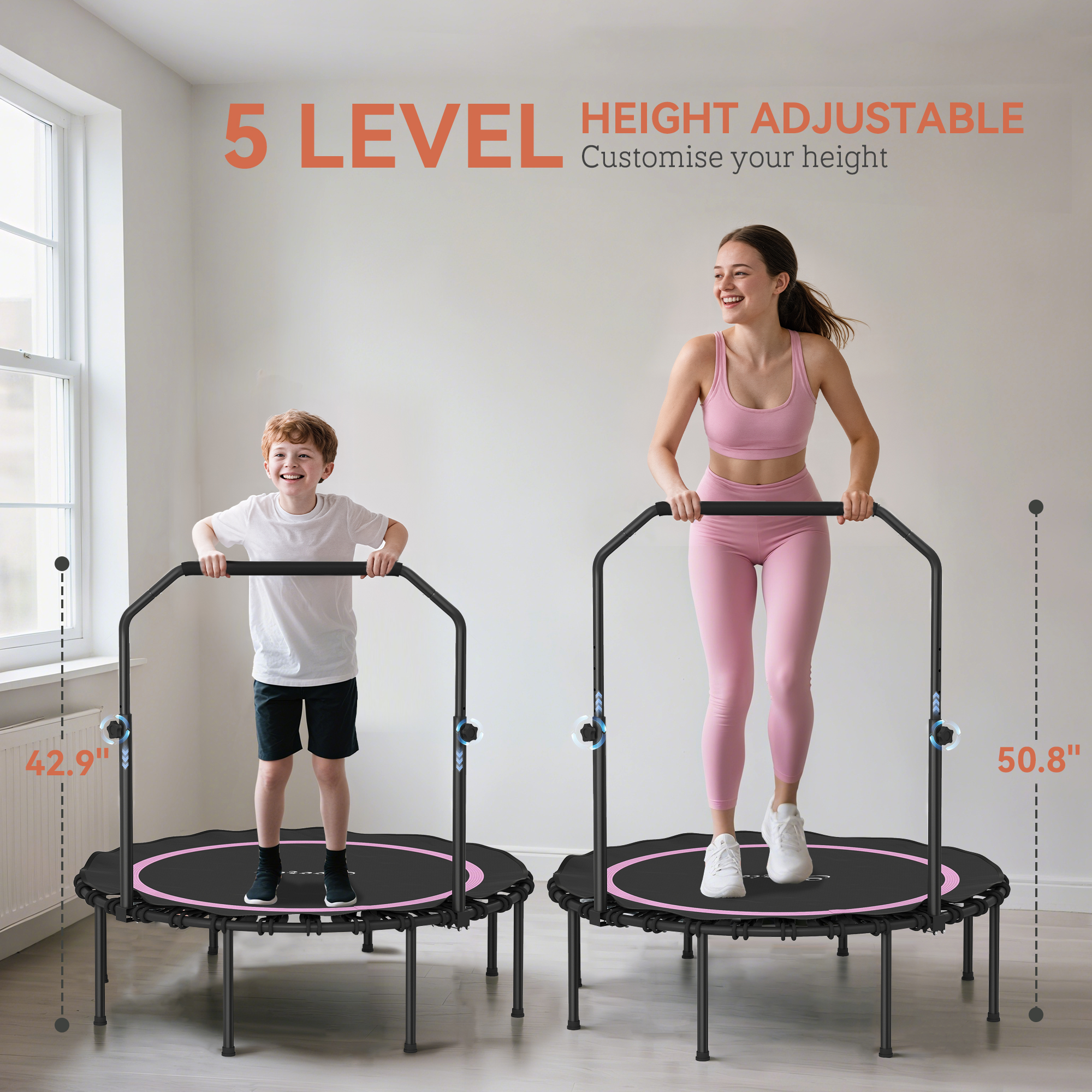 48" Rebounder Trampoline for Adults, Foldable Mini Trampoline with Adjustable Handle Bar for Indoor Outdoor, Pink 12 Product Image