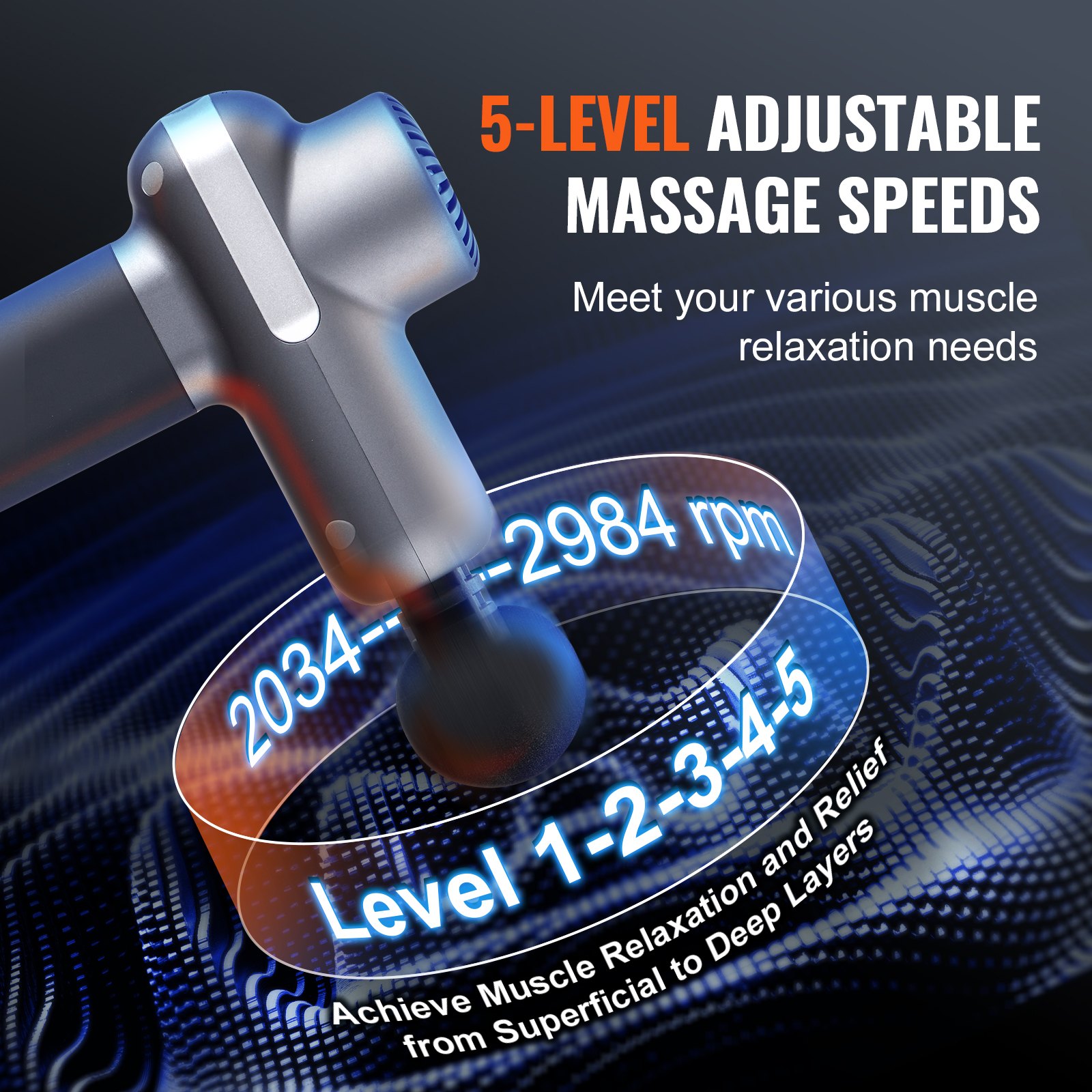 Deep Tissue, Percussion Muscle Massage Gun - With 5 Speed Levels & 6 Massage Heads, For Pain Relief & Muscle Relaxation 53 Deep Tissue, Percussion Muscle Massage Gun - With 5 Speed Levels & 6 Massage Heads, For Pain Relief & Muscle Relaxation