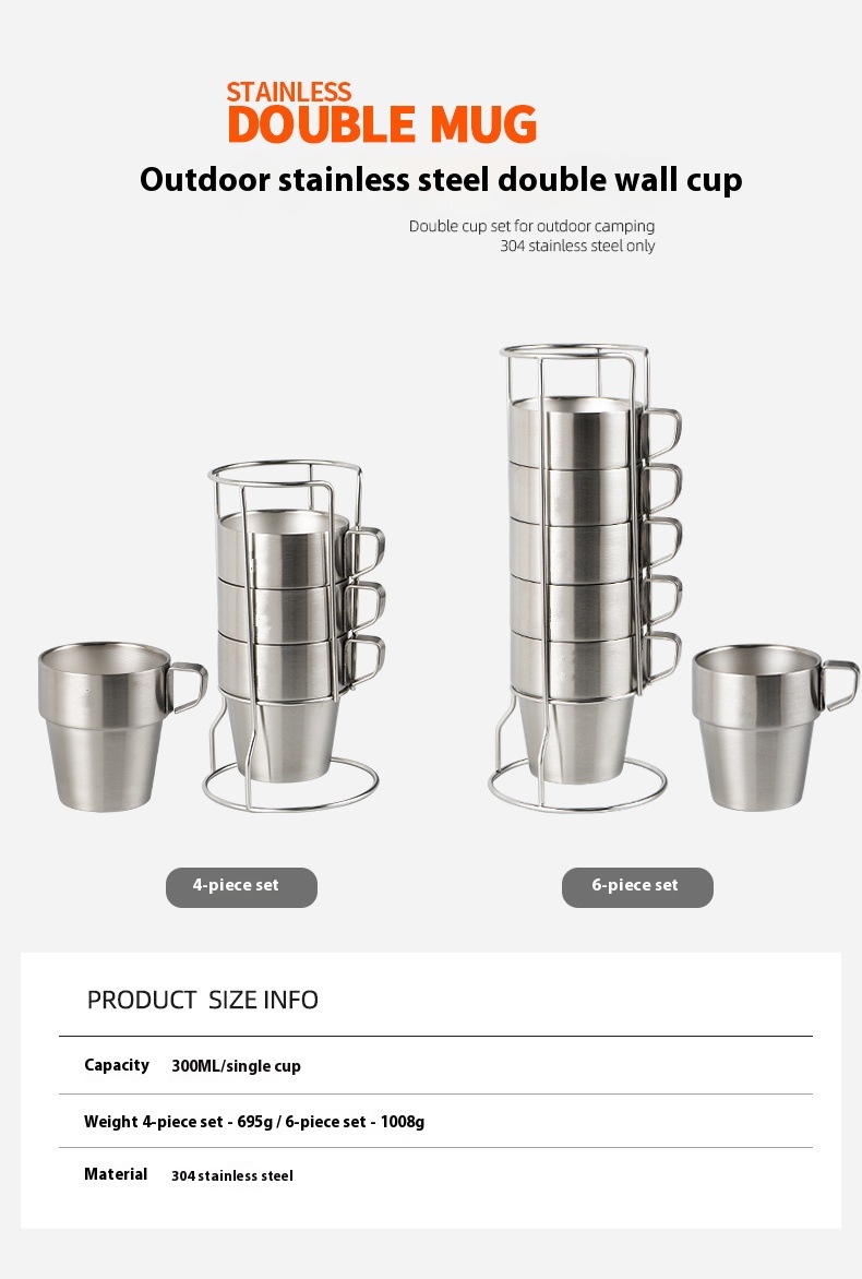 Stainless Steel Double-layer Cup 6-piece Camping Portable Set 12 Stainless Steel Double-layer Cup 6-piece Camping Portable Set