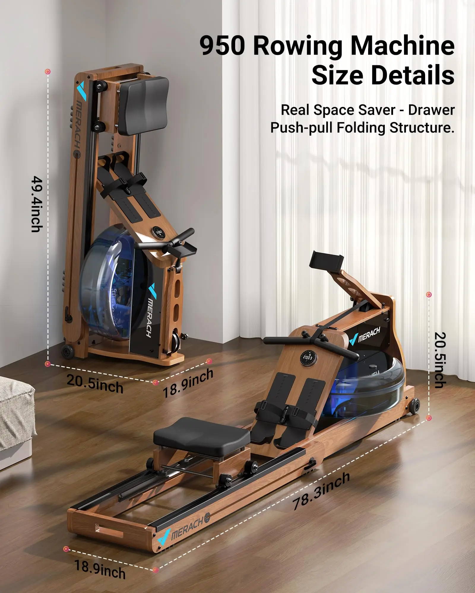 Foldable Wooden Water Rowing Machine – Electromagnetic Resistance with MERACH Go App & Lifetime Membership 16 Foldable Wooden Water Rowing Machine – Electromagnetic Resistance with MERACH Go App & Lifetime Membership