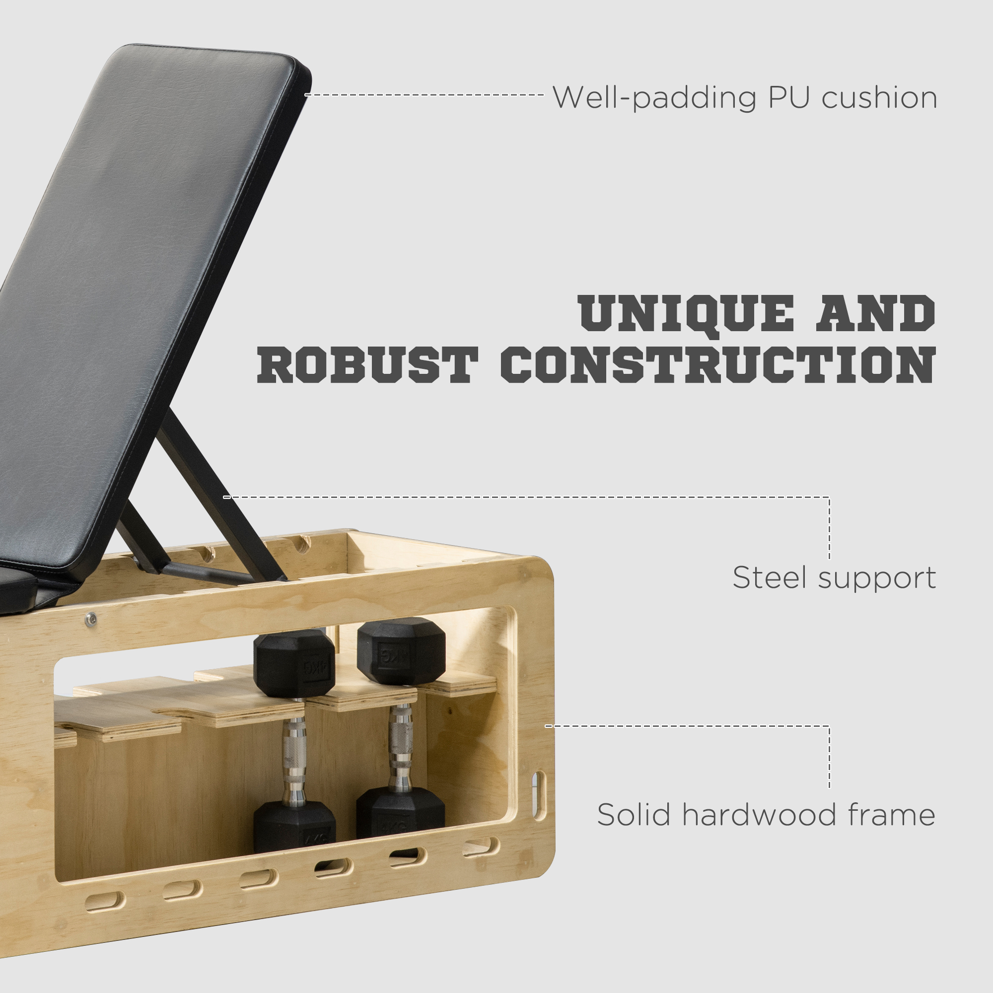 Wooden Workout Bench with Dumbbell Rack and Resistance Bands, Adjustable Incline Weight Bench for Home Gym 15 Product Image