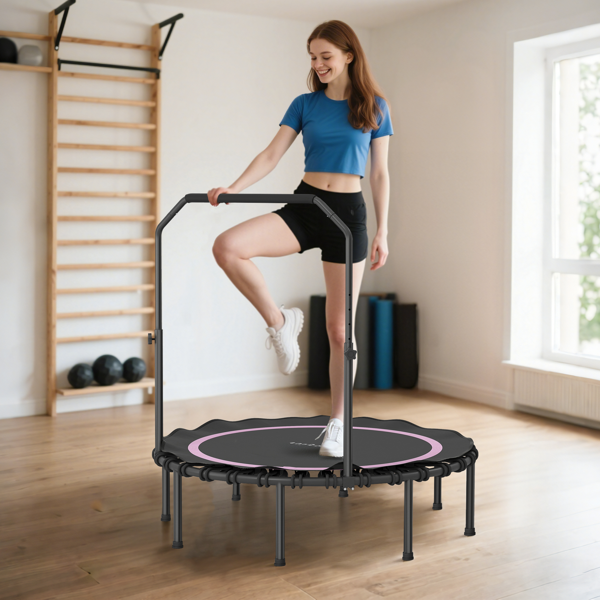 48" Rebounder Trampoline for Adults, Foldable Mini Trampoline with Adjustable Handle Bar for Indoor Outdoor, Pink 10 Product Image