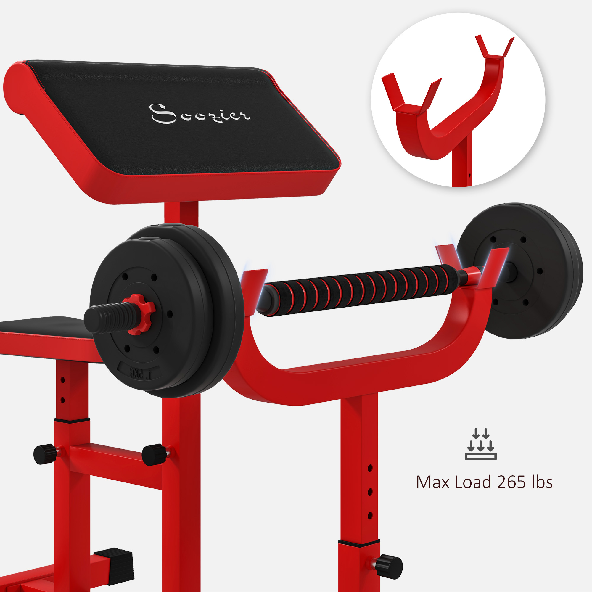 265 LBS Preacher Curl Bench for Strength Training, Adjustable Seated Arm Isolated Barbell Dumbbell Bicep Station, Red 28 Product Image