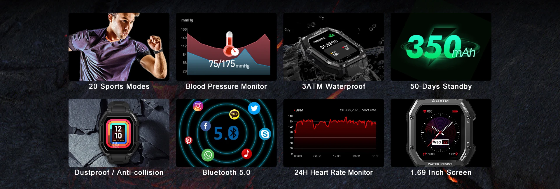 Outdoor Sports Rugged Smart Watch 1.69 Inches With 20 Sports Modes 10 Outdoor Sports Rugged Smart Watch 1.69 Inches With 20 Sports Modes