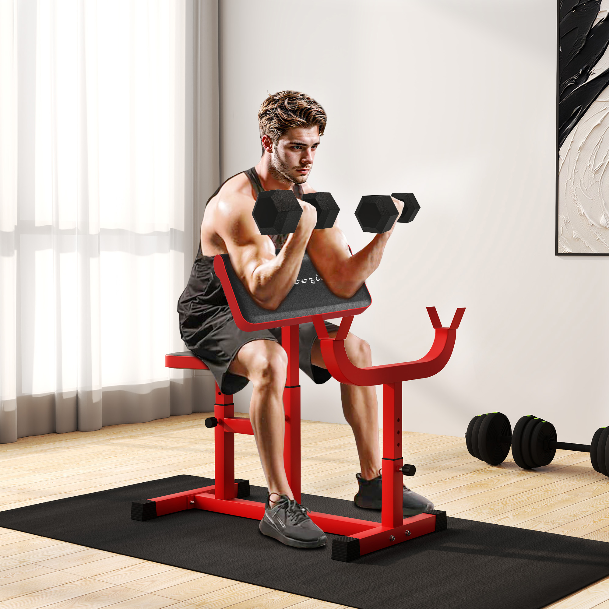 265 LBS Preacher Curl Bench for Strength Training, Adjustable Seated Arm Isolated Barbell Dumbbell Bicep Station, Red 24 Product Image