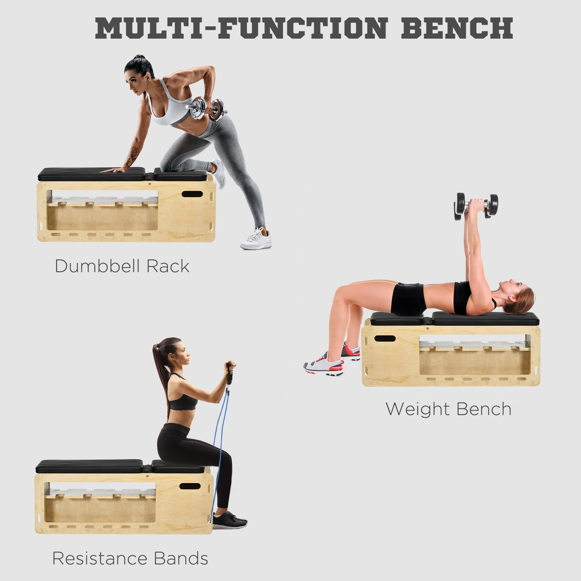 Wooden Workout Bench with Dumbbell Rack and Resistance Bands, Adjustable Incline Weight Bench for Home Gym 12 Product Image