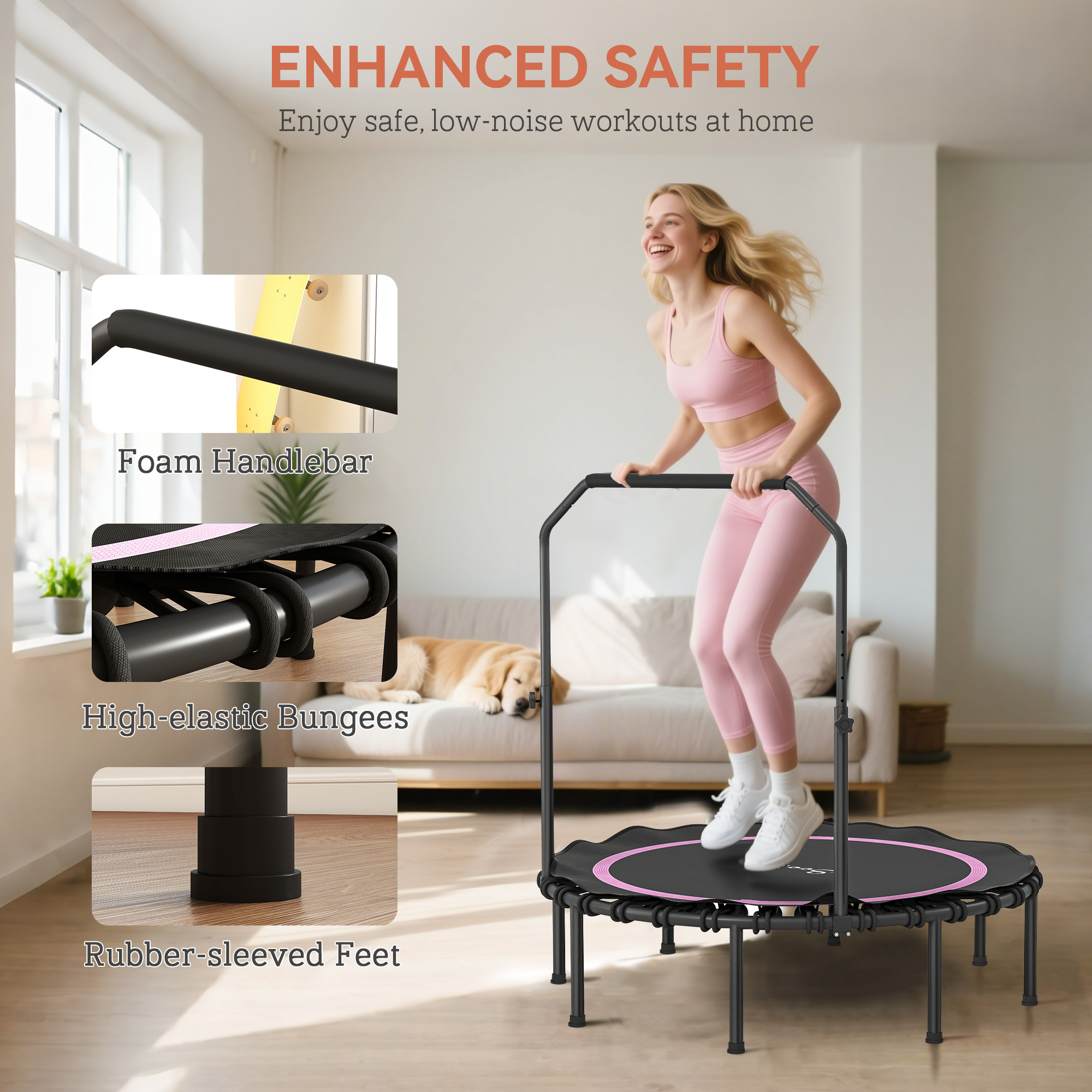 48" Rebounder Trampoline for Adults, Foldable Mini Trampoline with Adjustable Handle Bar for Indoor Outdoor, Pink 28 Product Image