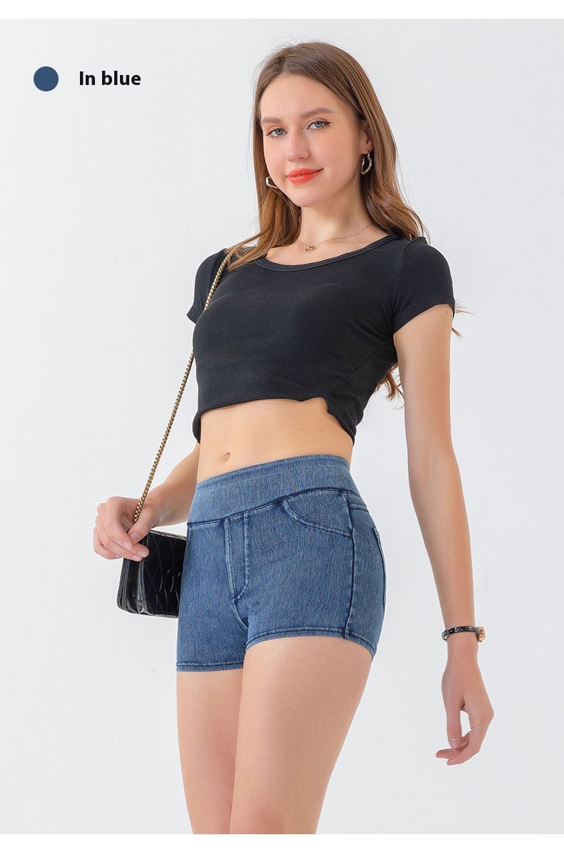 High Waist Hip Lift Yoga Denim Shorts Women's High Elastic Sports Fitness Shorts 60 High Waist Hip Lift Yoga Denim Shorts Women's High Elastic Sports Fitness Shorts