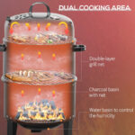 3-in-1 Vertical Charcoal BBQ Smoker Grill With 2 Cooking Areas And Thermometer - Image 5
