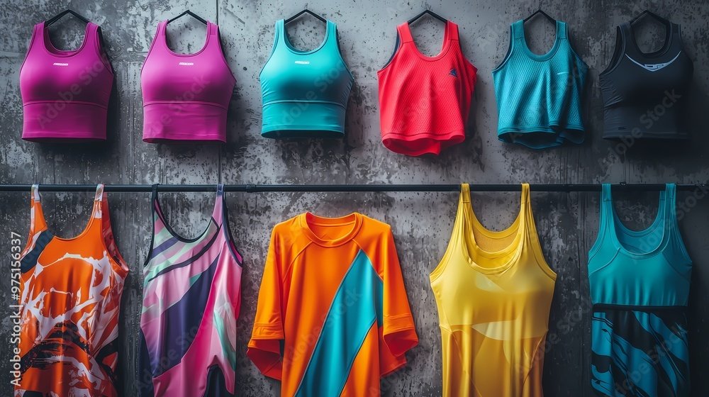 A vibrant display of diverse workout apparel showcasing bold colors and stylish designs, perfect for energizing athletic endeavors.