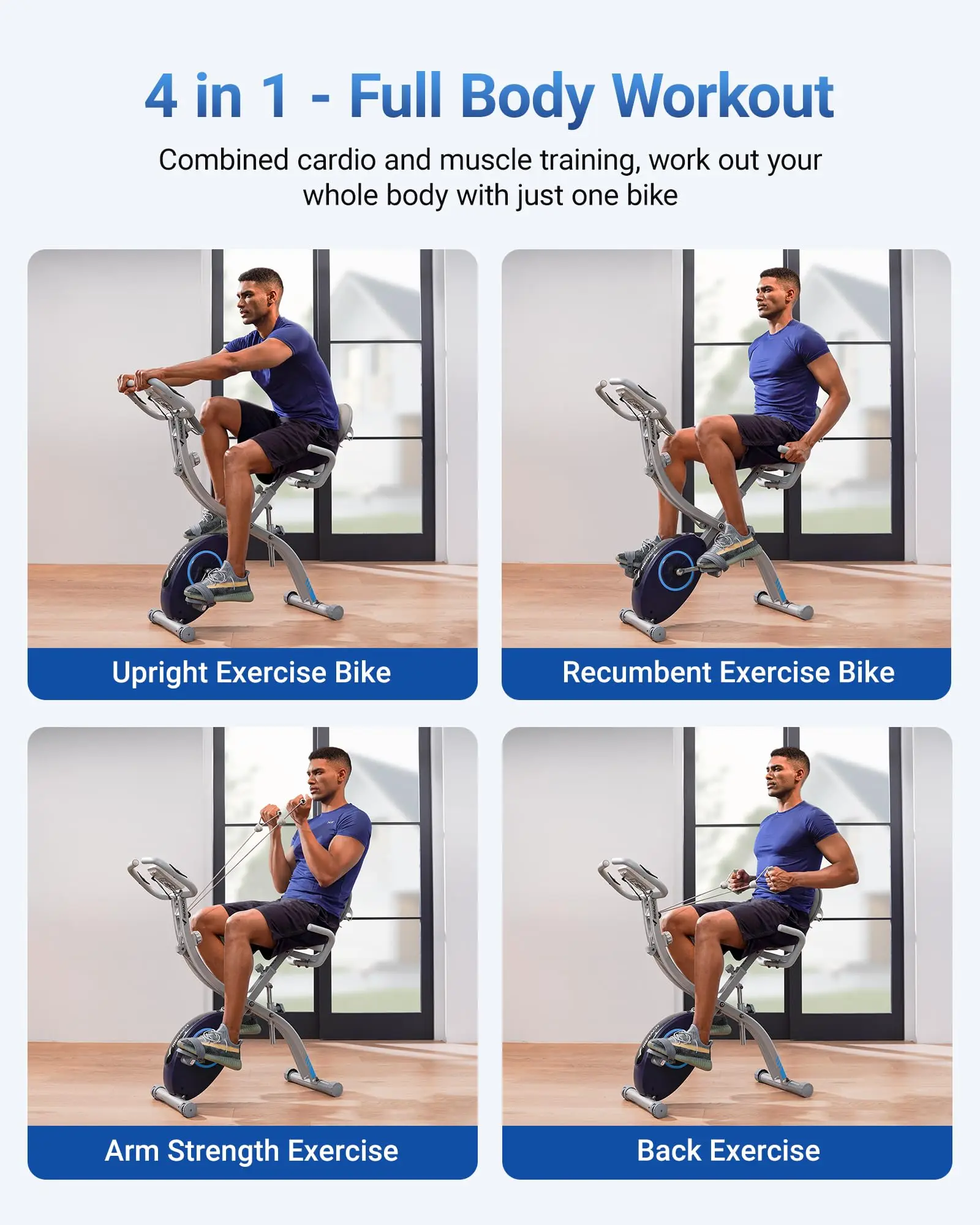 4-in-1 Folding Magnetic Exercise Bike – 16-Level Resistance, 300LB Capacity, Comfort Seat