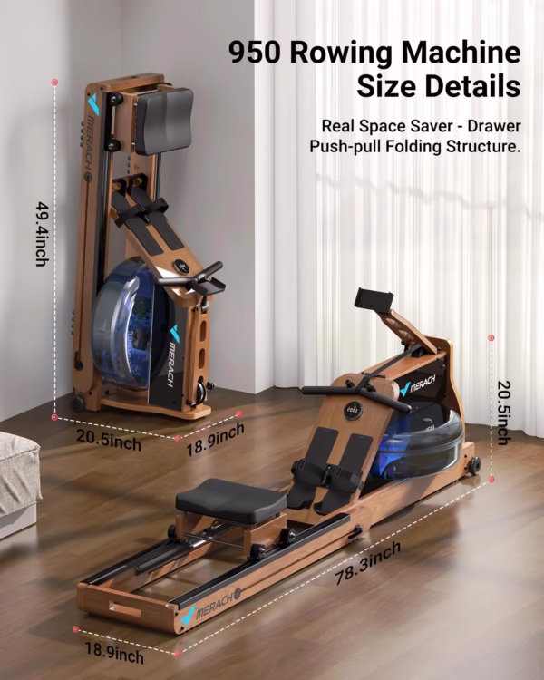 Foldable Wooden Water Rowing Machine – Electromagnetic Resistance with MERACH Go App & Lifetime Membership