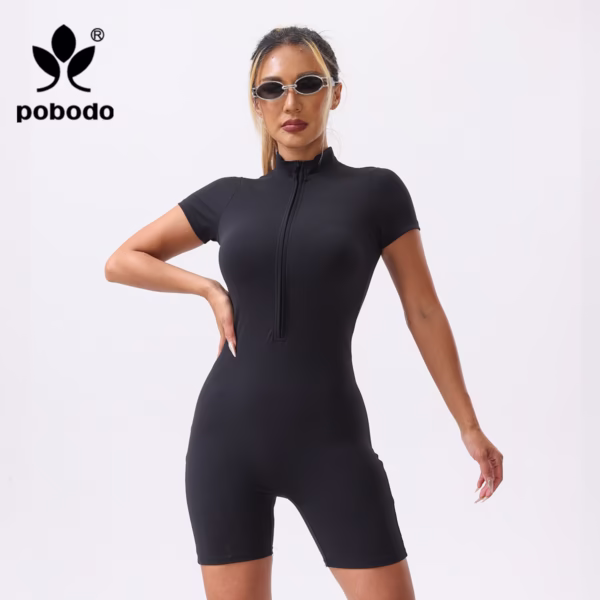 Stand Up Collar Zipper Short Jumpsuit - Image 7