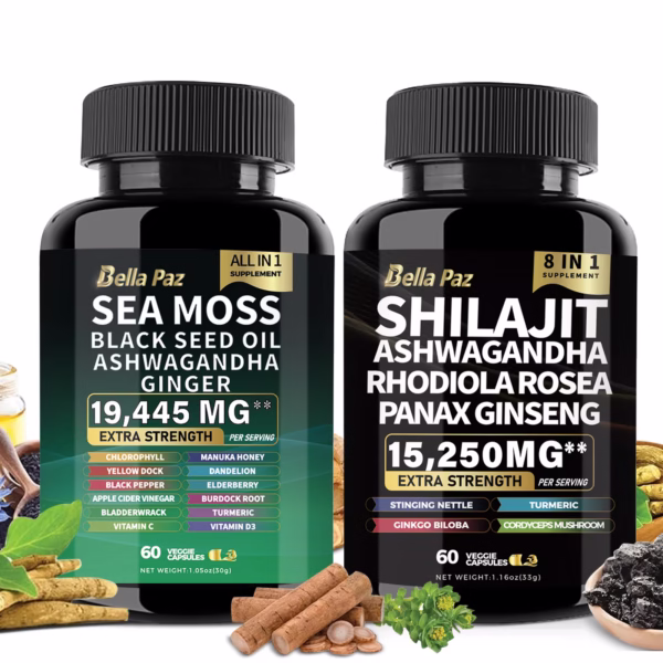 Sea Moss 7000mg, Black Seed Oil 4000mg, Ashwagandha 2000mg, Ginger, Shilajit 9000mg, Ginseng 1500mg (2 Bottles)