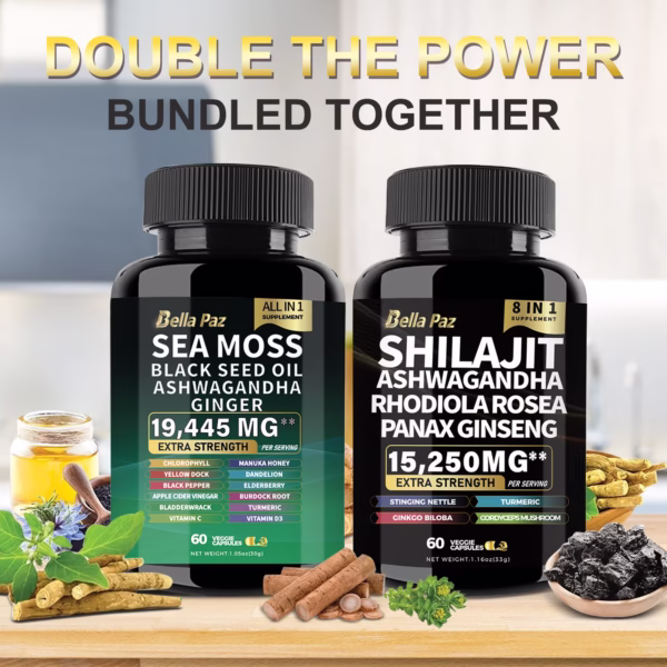 Sea Moss 7000mg, Black Seed Oil 4000mg, Ashwagandha 2000mg, Ginger, Shilajit 9000mg, Ginseng 1500mg (2 Bottles) - Image 2
