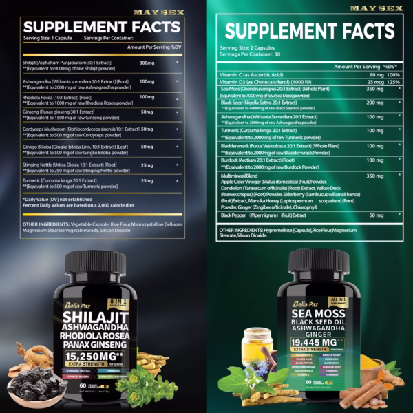 Sea Moss 7000mg, Black Seed Oil 4000mg, Ashwagandha 2000mg, Ginger, Shilajit 9000mg, Ginseng 1500mg (2 Bottles) - Image 3