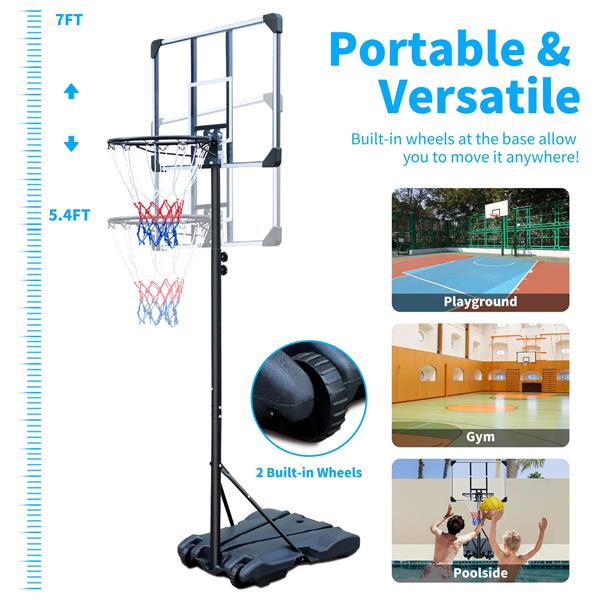 Portable Basketball Hoop, 5.4 to 7 ft Adjustable, 32 in Shatterproof Backboard, Wheeled Base 21 Basketball Stand, Suitable For Indoor And Outdoor Use, Adjustable From 5.6-7 Feet, 32 Inch Backboard With Whee