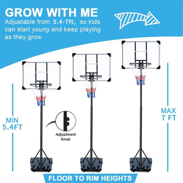 Portable Basketball Hoop, 5.4 to 7 ft Adjustable, 32 in Shatterproof Backboard, Wheeled Base 22 Basketball Stand, Suitable For Indoor And Outdoor Use, Adjustable From 5.6-7 Feet, 32 Inch Backboard With Whee