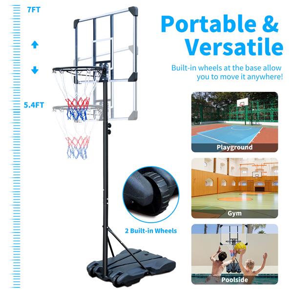Portable Basketball Hoop, 5.4 to 7 ft Adjustable, 32 in Shatterproof Backboard, Wheeled Base 24 Basketball Stand, Suitable For Indoor And Outdoor Use, Adjustable From 5.6-7 Feet, 32 Inch Backboard With Whee