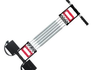 Resistance band exercise equipment with handles and footrests for strength training and fitness workouts.