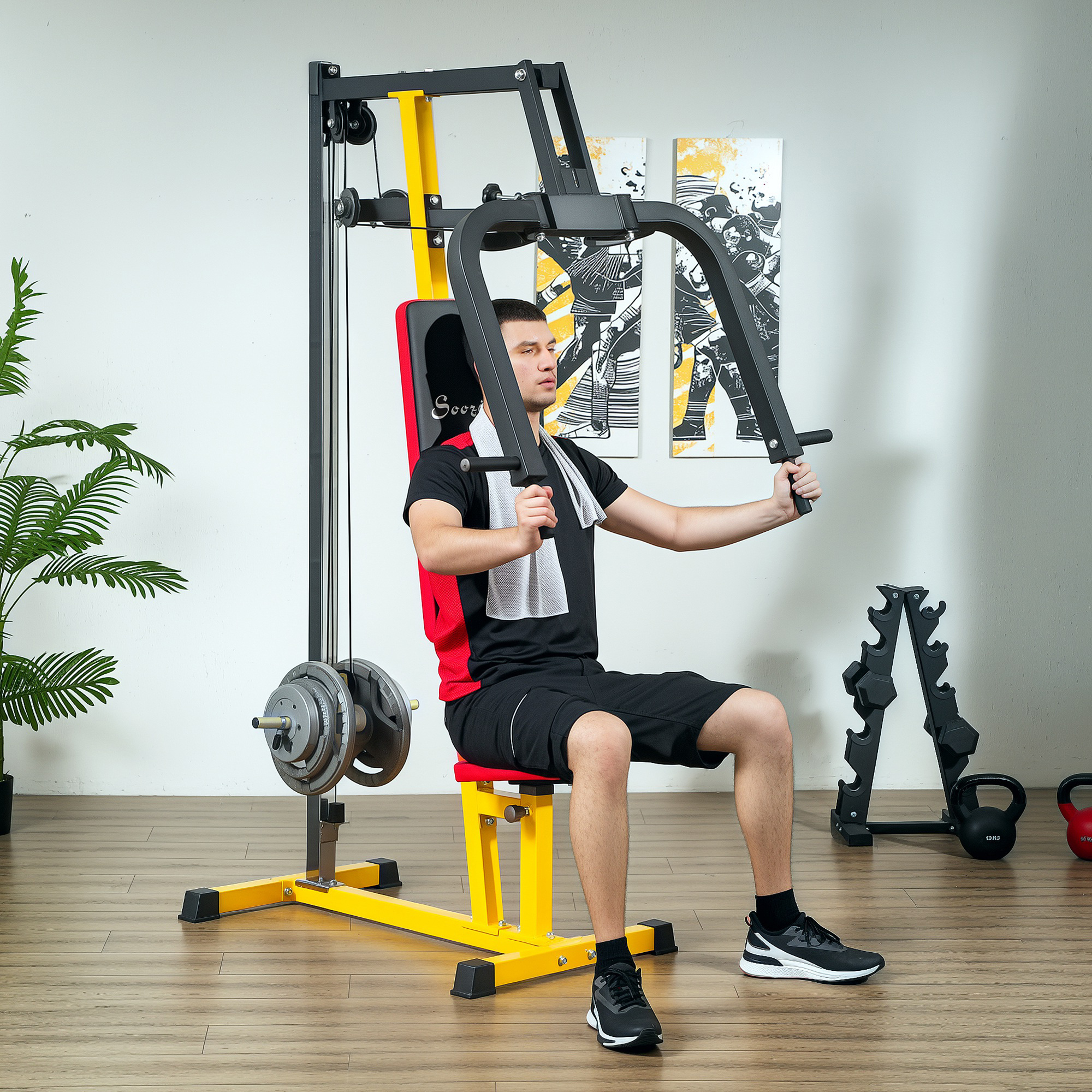 Chest Fly and Chest Press Machine, 4-Level Seat, Plate-Loaded to 132 lb, Steel Frame, Yellow 28 Product Image