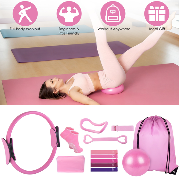 14-Piece Pilates Kit - Ring, Yoga Ball & Resistance Bands Set