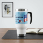 Independence Day 4th of July Stainless Steel Travel Mug with Handle - USA Flag & Fireworks Design, 14oz