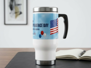 Independence Day 4th of July Stainless Steel Travel Mug with Handle - USA Flag & Fireworks Design, 14oz