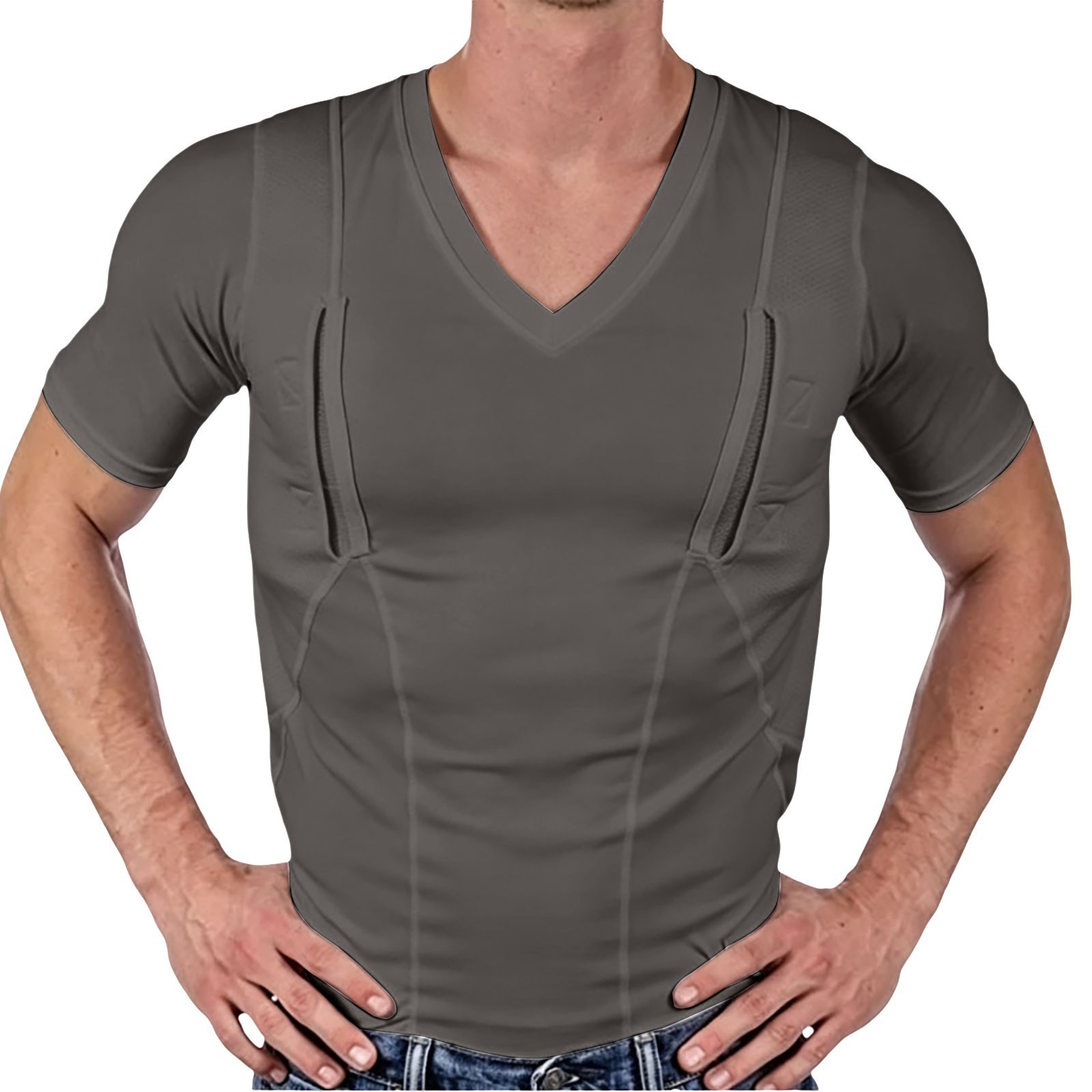 Men's Short-sleeve Concealed-carry Holster High Elastic V Neck Tactical Shirt 2 Men's short-sleeve concealed-carry holster shirt - view 1