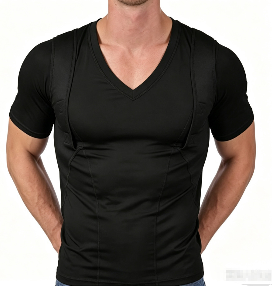 Men's Short-sleeve Concealed-carry Holster High Elastic V Neck Tactical Shirt 8 Men's short-sleeve concealed-carry holster shirt - view 7