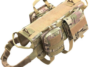 Large dog wearing a tactical K9 vest in CP camo