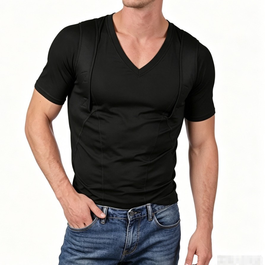Men's Short-sleeve Concealed-carry Holster High Elastic V Neck Tactical Shirt 5 Men's short-sleeve concealed-carry holster shirt - view 4