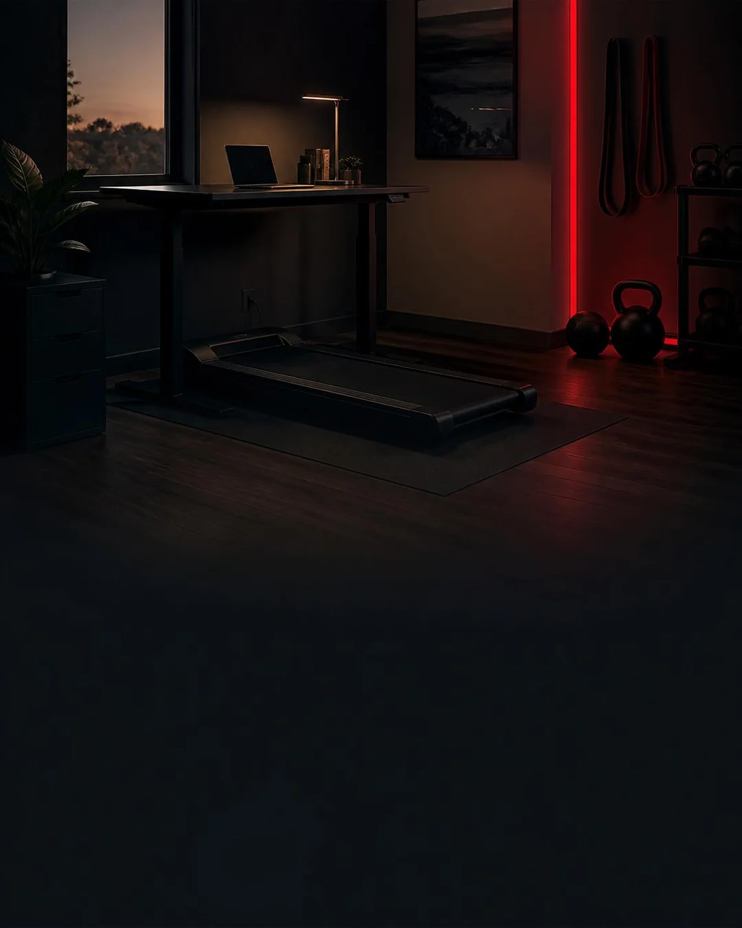 Compact home gym corner with a walking pad, kettlebell and resistance bands