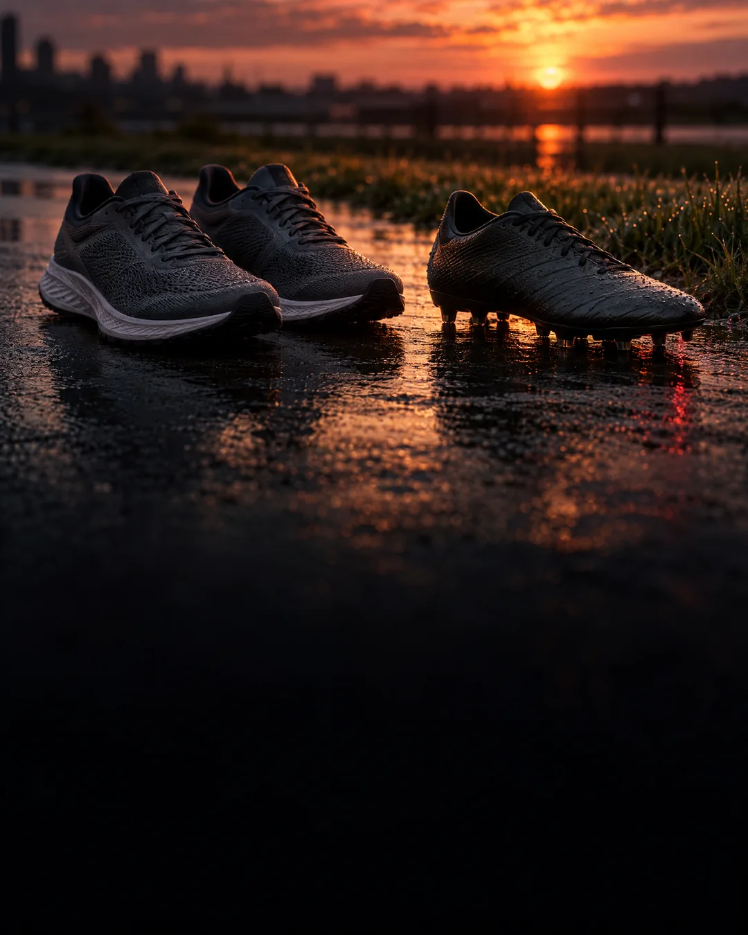 Running shoes and a soccer cleat on wet pavement at sunset