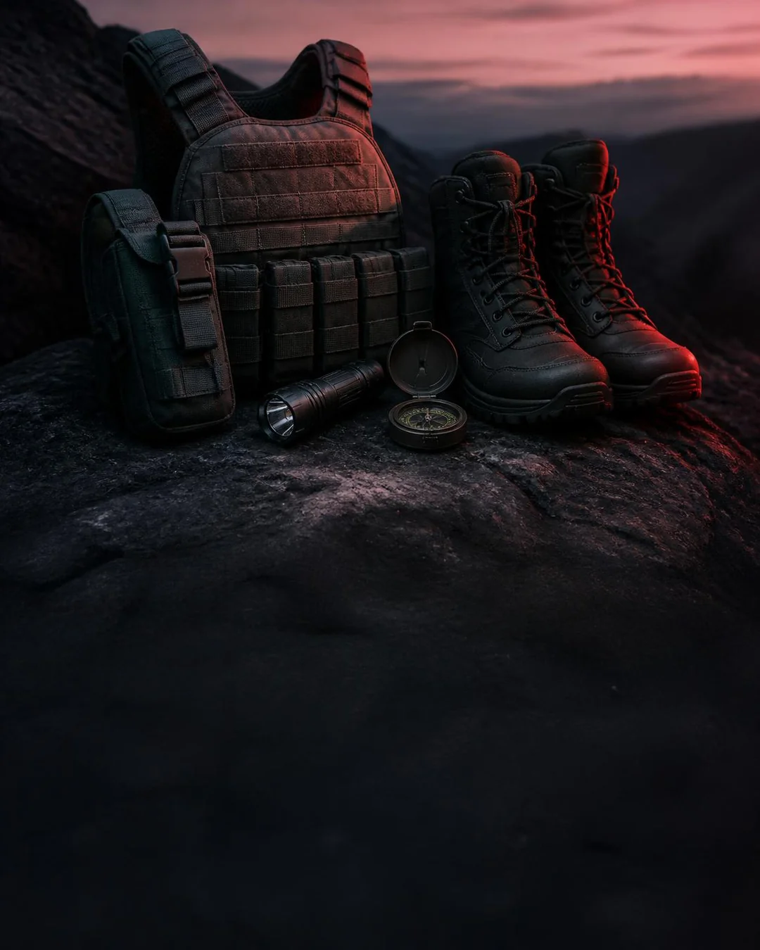 Tactical vest and gear laid out on a dark rock surface