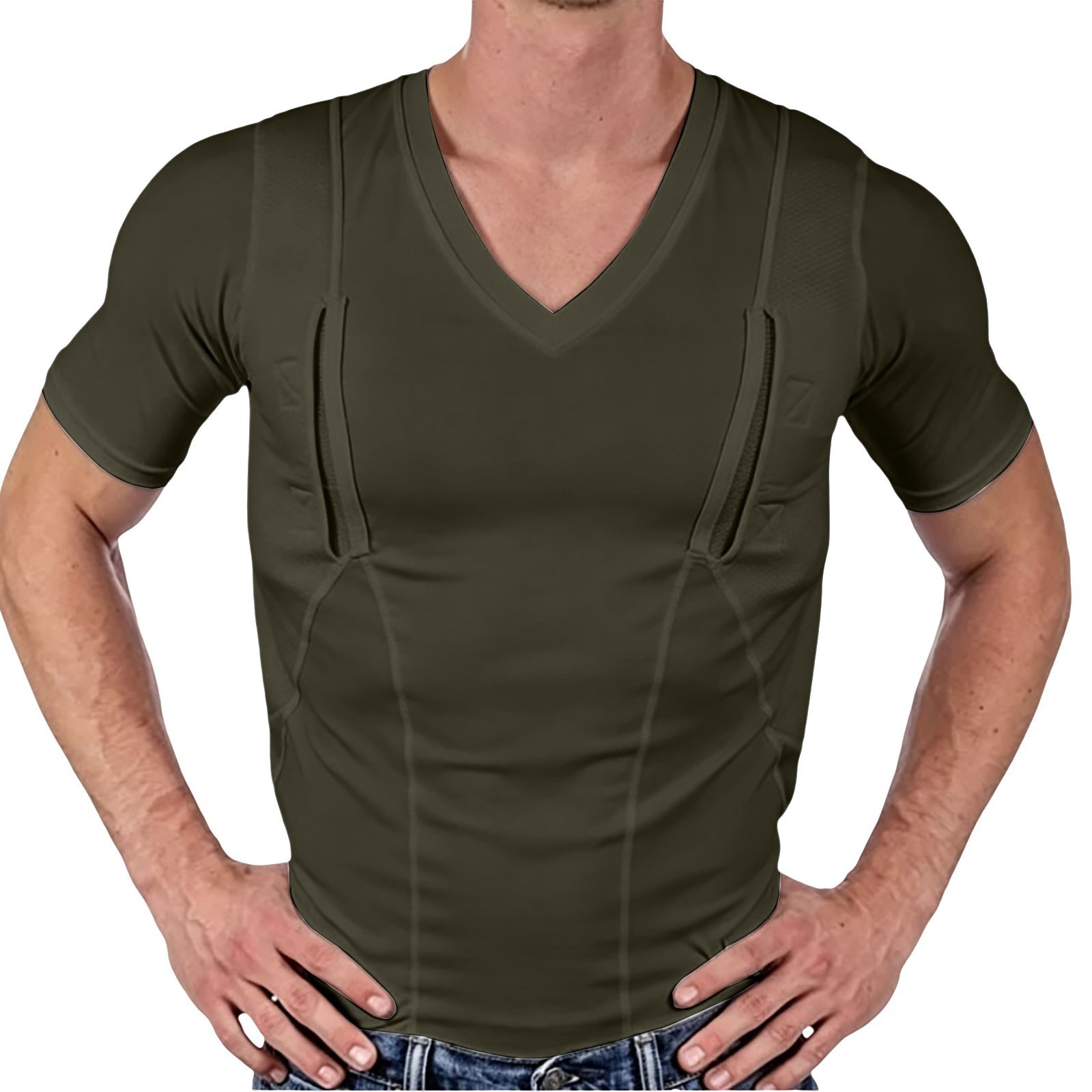 Men's Short-sleeve Concealed-carry Holster High Elastic V Neck Tactical Shirt 1 Men's short-sleeve concealed-carry holster shirt